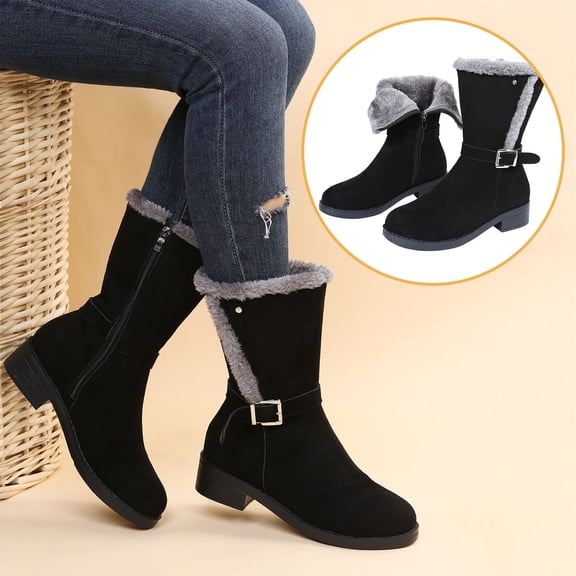 Wavsuf Winter Boots for Women Wide with Zipper Mid Calf Black Shoes Size 40