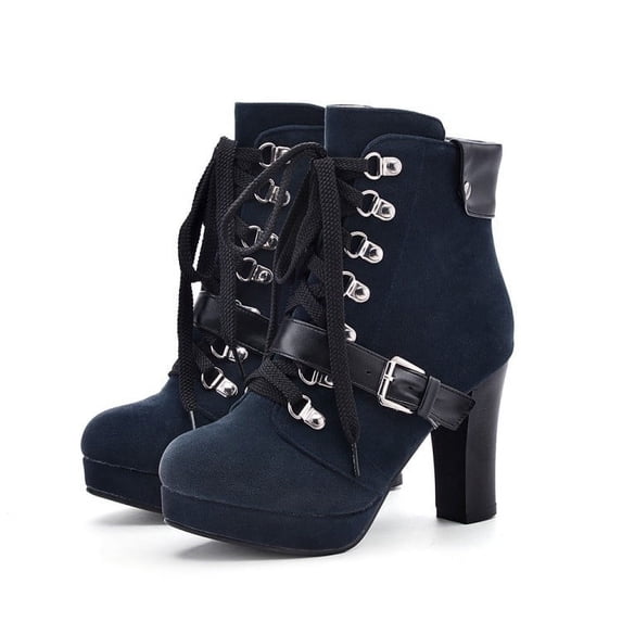 Wavsuf Winter Boots for Women on Flock Round Toe with High Heel Short Ankle-High Thin Tie Hip Thermal with Fuzz Blue Shoes Size 42
