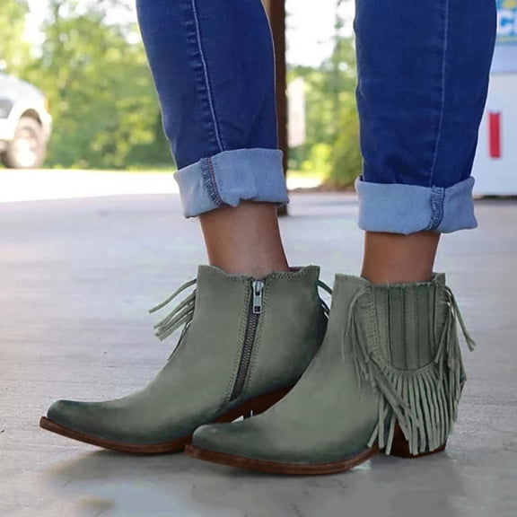 Wavsuf Winter Boots for Women on Fringes Short Ankle-High Fashion Green Shoes Size 42