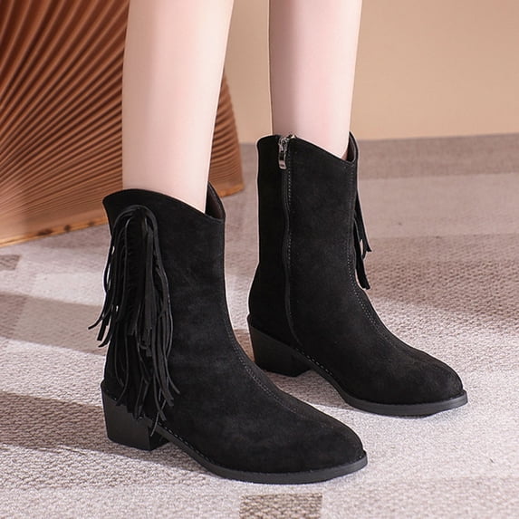 Wavsuf Winter Boots for Women on Fringes with Zipper Slip Resistant Oversized Flock Fashion Short Ankle-High Black Shoes Size 39