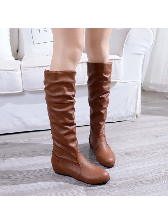 Winter Boots for Women on Mid Calf Round Toe Flat with Fuzz Brown Shoes Size 35