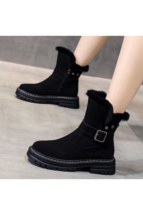 Winter Boots for Women on Short Ankle-High with Zipper Thermal with Fuzz Flock Round Toe Black Shoes Size 40