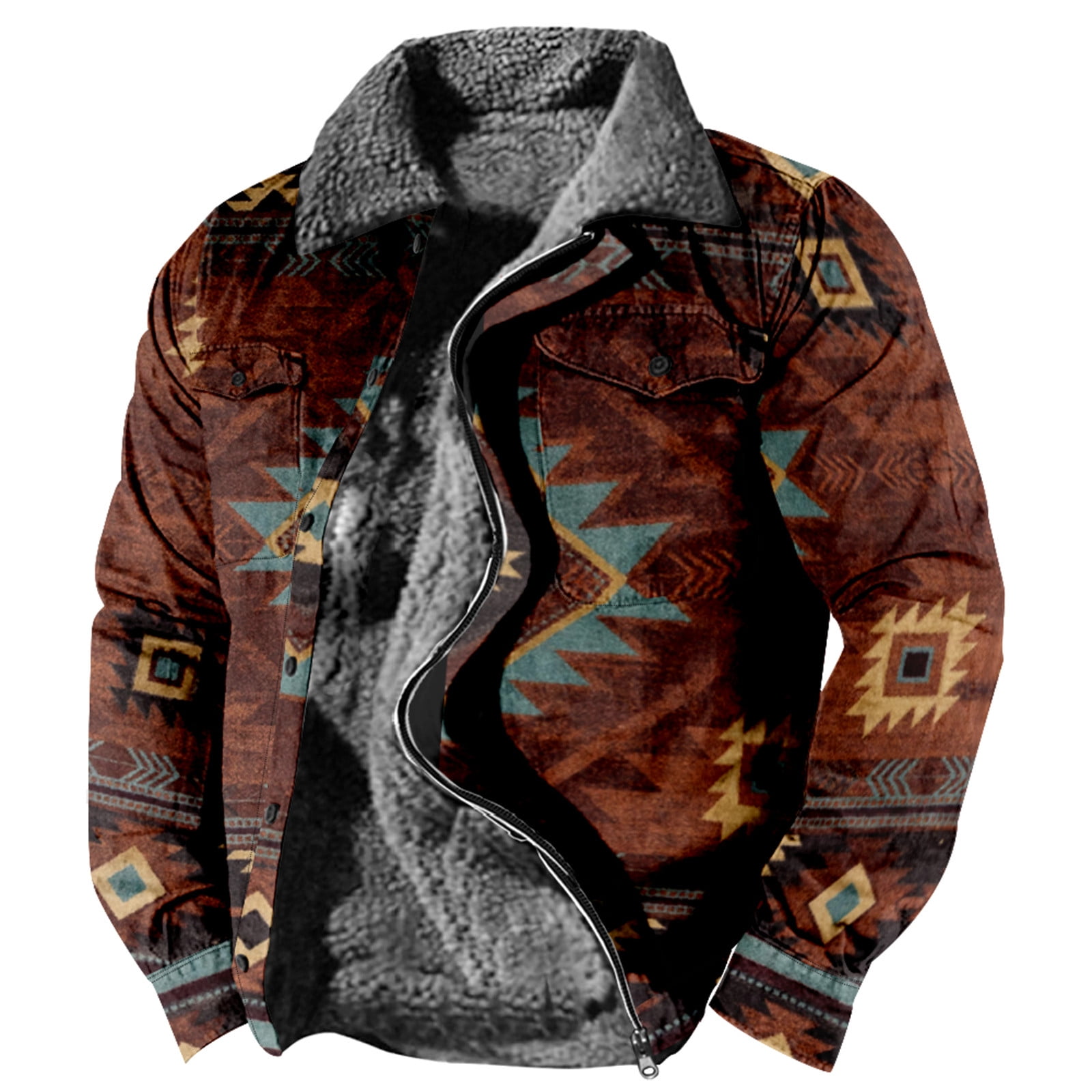 Wavsuf Winter Jackets for Men Printed Zip Pockets Plush Fleece without