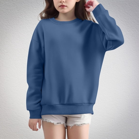 Wavsuf Winter Pullover for Kids Girls Solid Color Sweatshirts Crew Neck Motion Casual Top Blue Size 14 Years