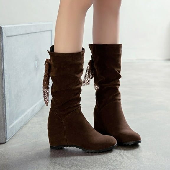 Wavsuf Womens Dress Shoes Flock Tie Hip Lace Mid Calf Round Toe Brown Boots Size 36