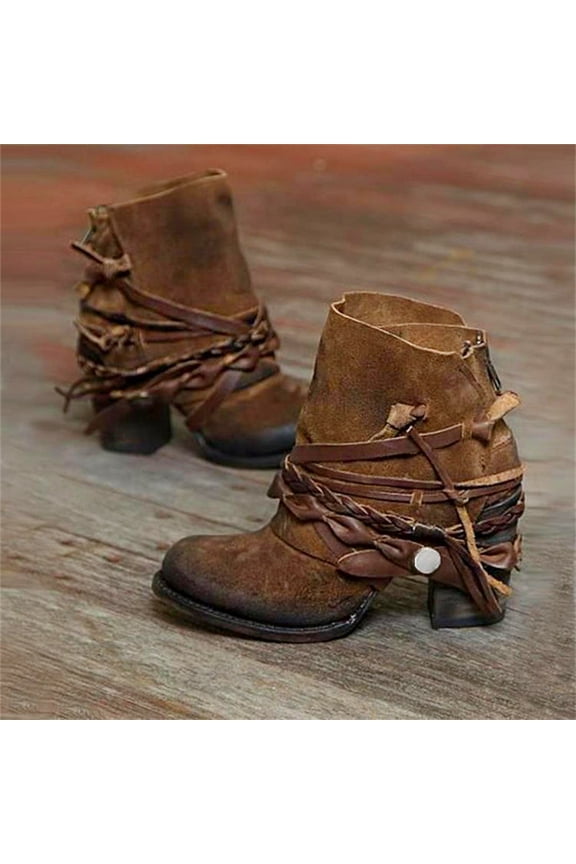 Womens Dress Shoes Flock with Zipper Round Toe Mid Calf Brown Boots Size 38