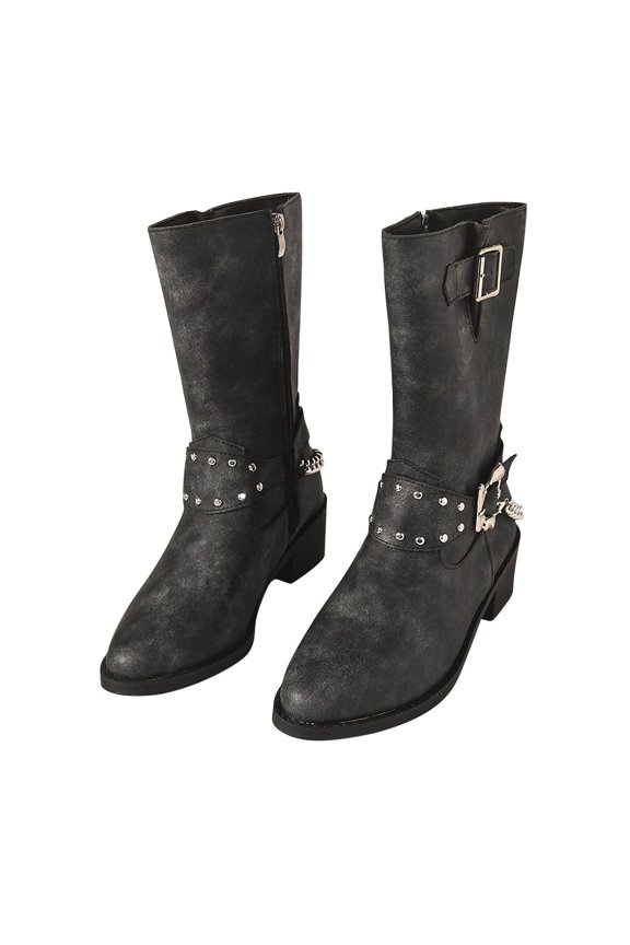 Womens Dress Shoes Mid Calf Oversized Round Toe Black Boots Size 37