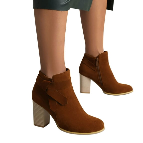 Wavsuf Womens Dress Shoes Vintage with High Heel Winter Short Ankle-High Brown Boots Size 35