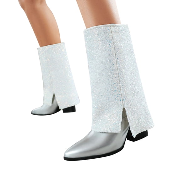 Wavsuf Womens Dress Shoes Winter with High Heel Mid Calf Silver Boots Size 38