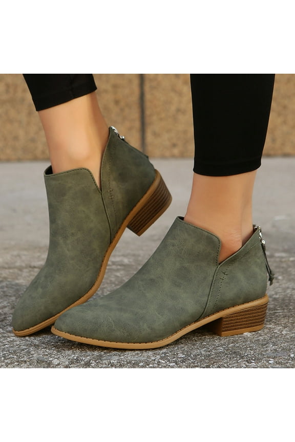 Womens Dress Shoes Wide Width Low Heel with Zipper Short Ankle-High Winter Army Green Boots Size 38