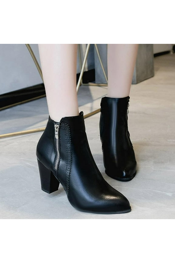 Womens Dress Shoes Wide Width Round Toe Chunky with High Heel Short Ankle-High Black Boots Size 36