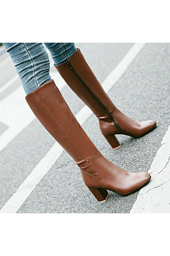 Womens Dress Shoes Wide Width Winter Mid Calf with High Heel Brown Boots Size 43