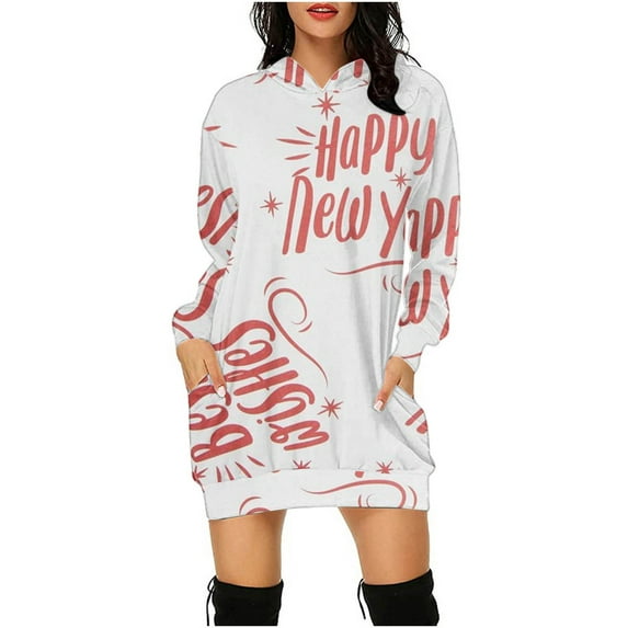 Wavsuf Womens Hoodies Pullover Plus Size Printed Christmas Vintage Loose Casual White Dress Size S