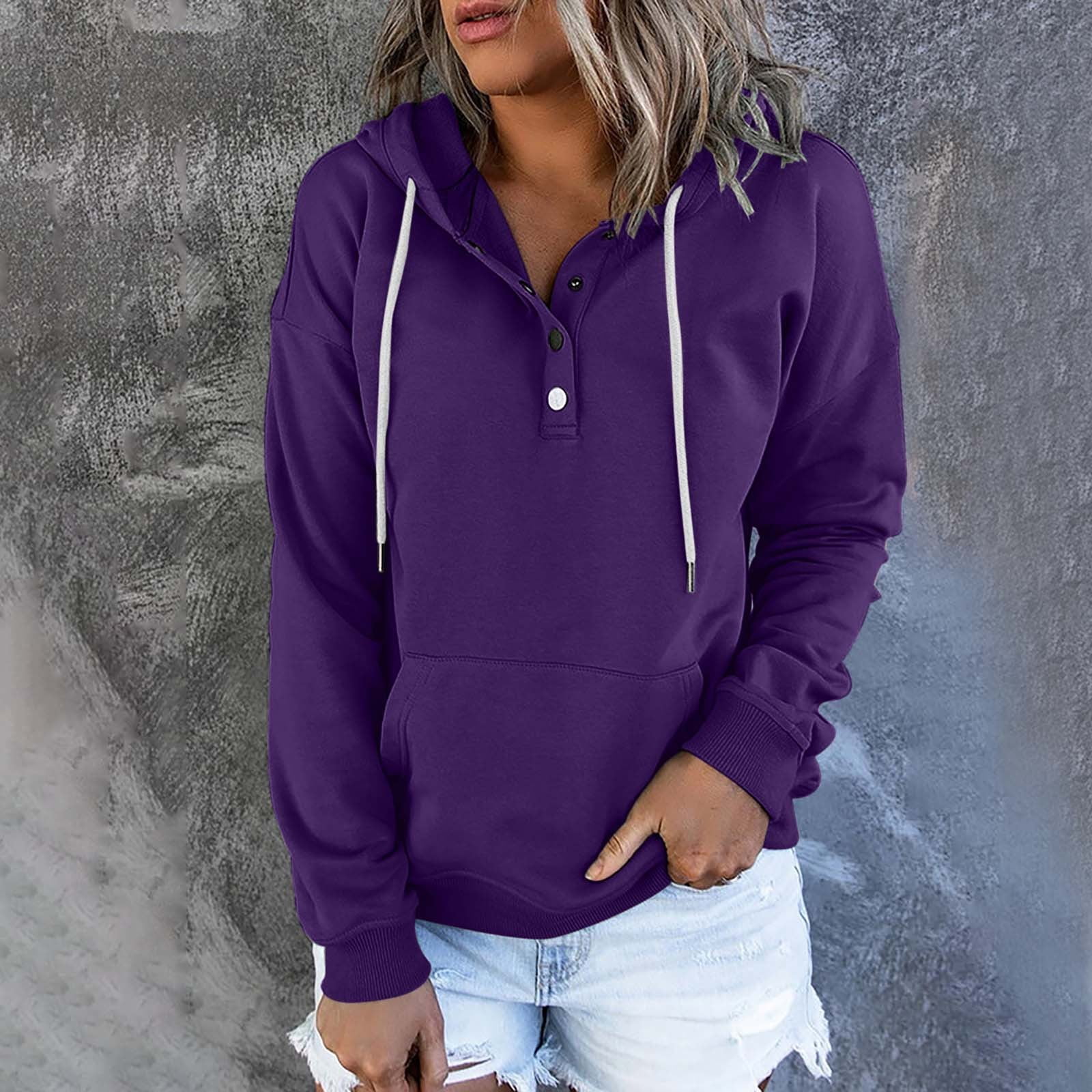 Wavsuf Womens Hoodies Size Large Fall Solid Clearance Purple Tops Size