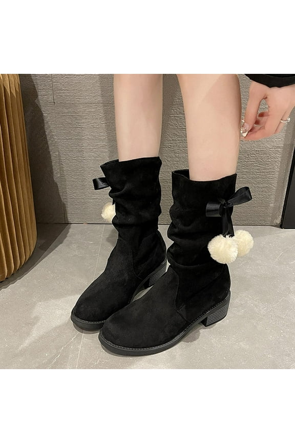 Work Boots for Women Soft Toe Flock Low Heel with Fuzz Mid Calf Round Toe Black Shoes Size 37