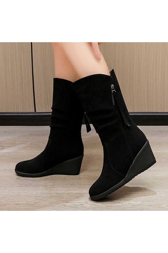 Work Boots for Women Soft Toe Round Toe Flock Mid Calf with Fuzz Vintage Black Shoes Size 41