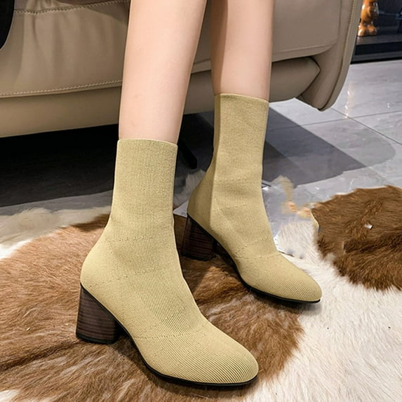 Wavsuf Work Boots for Women Soft Toe Winter Oversized Mid Calf Khaki Shoes Size 38