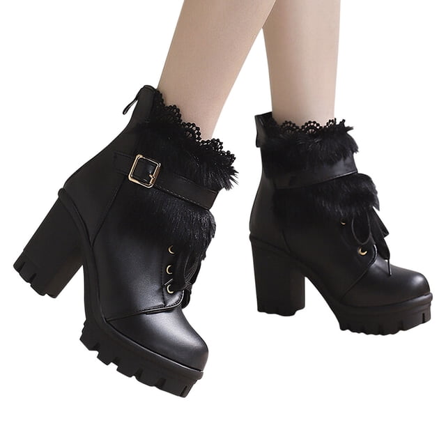 Wavsuf Work Boots for Women Soft Toe Winter Short Ankle-High with High Heel Oversized Black Shoes Size 40