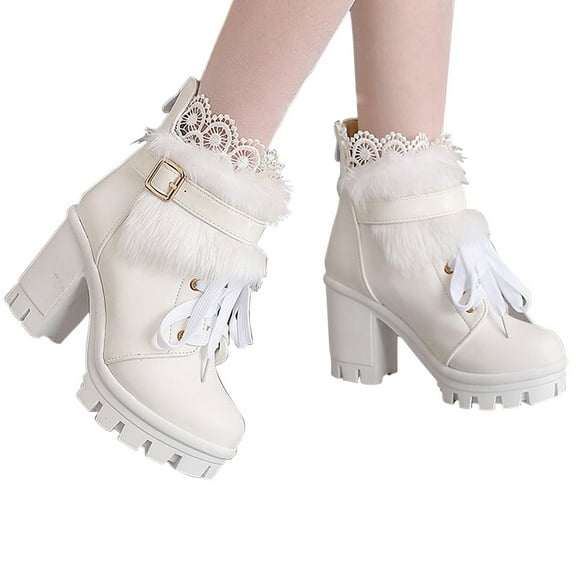 Wavsuf Work Boots for Women Soft Toe Winter with High Heel Oversized Short Ankle-High White Shoes Size 43