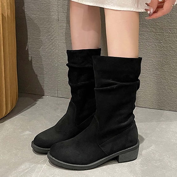 Wavsuf Work Boots for Women Soft Toe with Fuzz Flock Round Toe Mid Calf Black Shoes Size 37