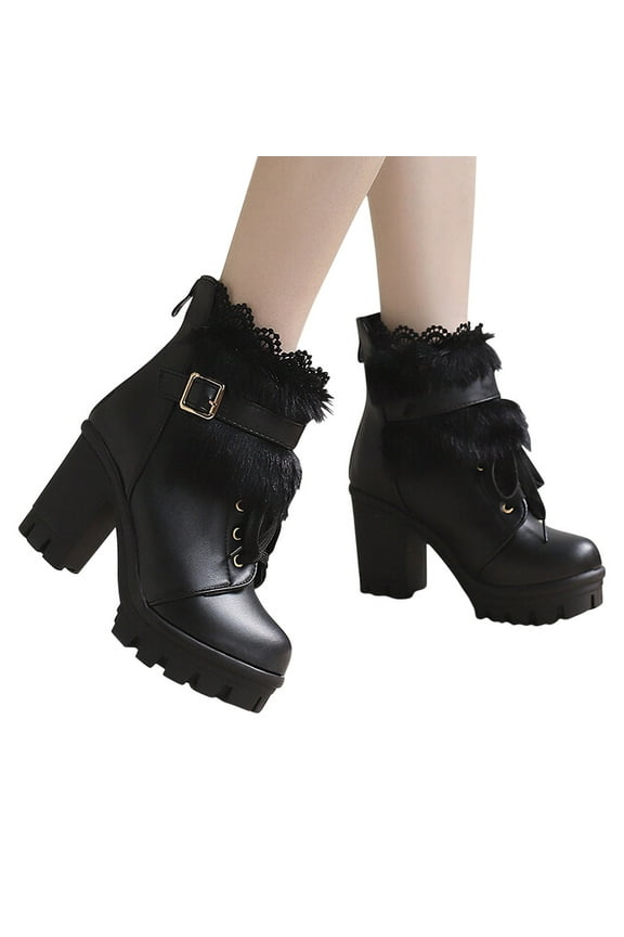 Work Boots for Women Soft Toe with High Heel Oversized Winter Short Ankle-High Black Shoes Size 42