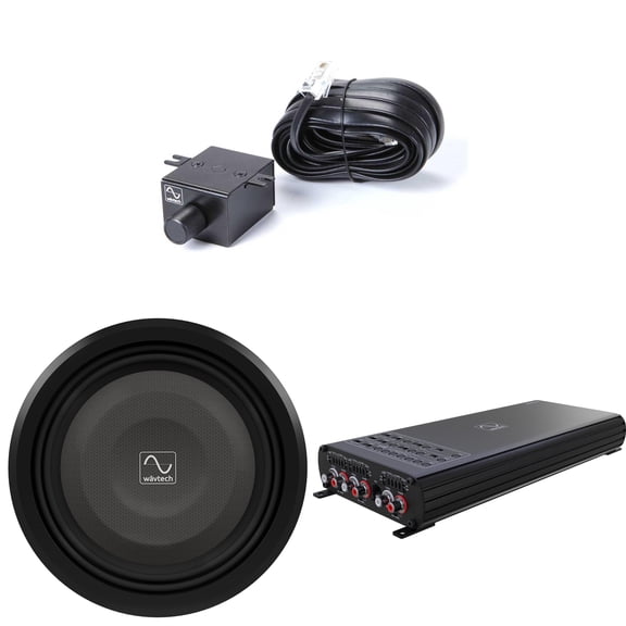 Wavtech thinPRO12-2 750 Watt 12" Shallow Subwoofer 2 ohm, Wavtech Link1000.5PLUS 1000 Watt 5-Channel Amplifier, and Wavtech linkRC - Remote level control (RLC) for linkDQ