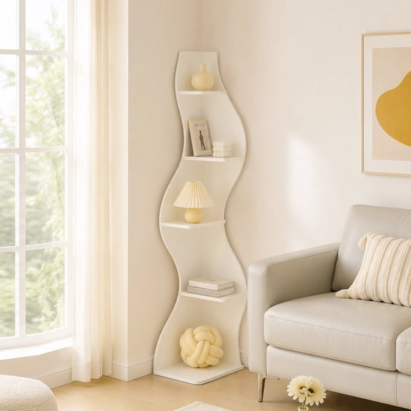 Wavy 5-Tier Corner Shelf, Small Corner Display Cabinet Bookshelf Modern Plant Stand Multi-Functional Storage Rack for Living Room Bedroom Home Office Small Space, White