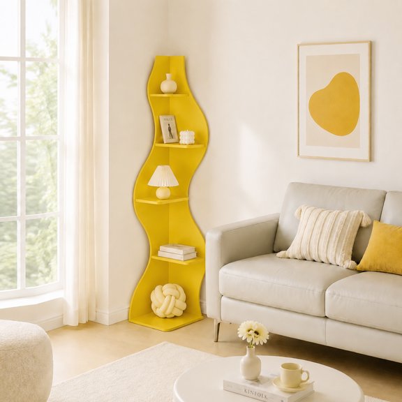 Wavy 5-Tier Corner Shelf, Small Corner Display Cabinet Bookshelf Modern Plant Stand Multi-Functional Storage Rack for Living Room Bedroom Home Office Small Space, Yellow