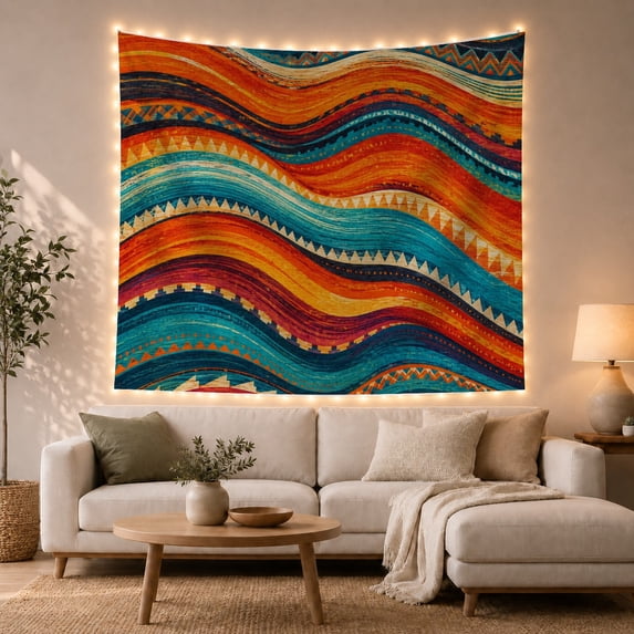 Wavy Bands with Teal and Burnt Orange Motifs, Energetic Abstract Style for Boho Decor Lovers, Geometric Wall Decor Housewarming Gift, Tapestry Wall Hanging for Bedroom and Dorm