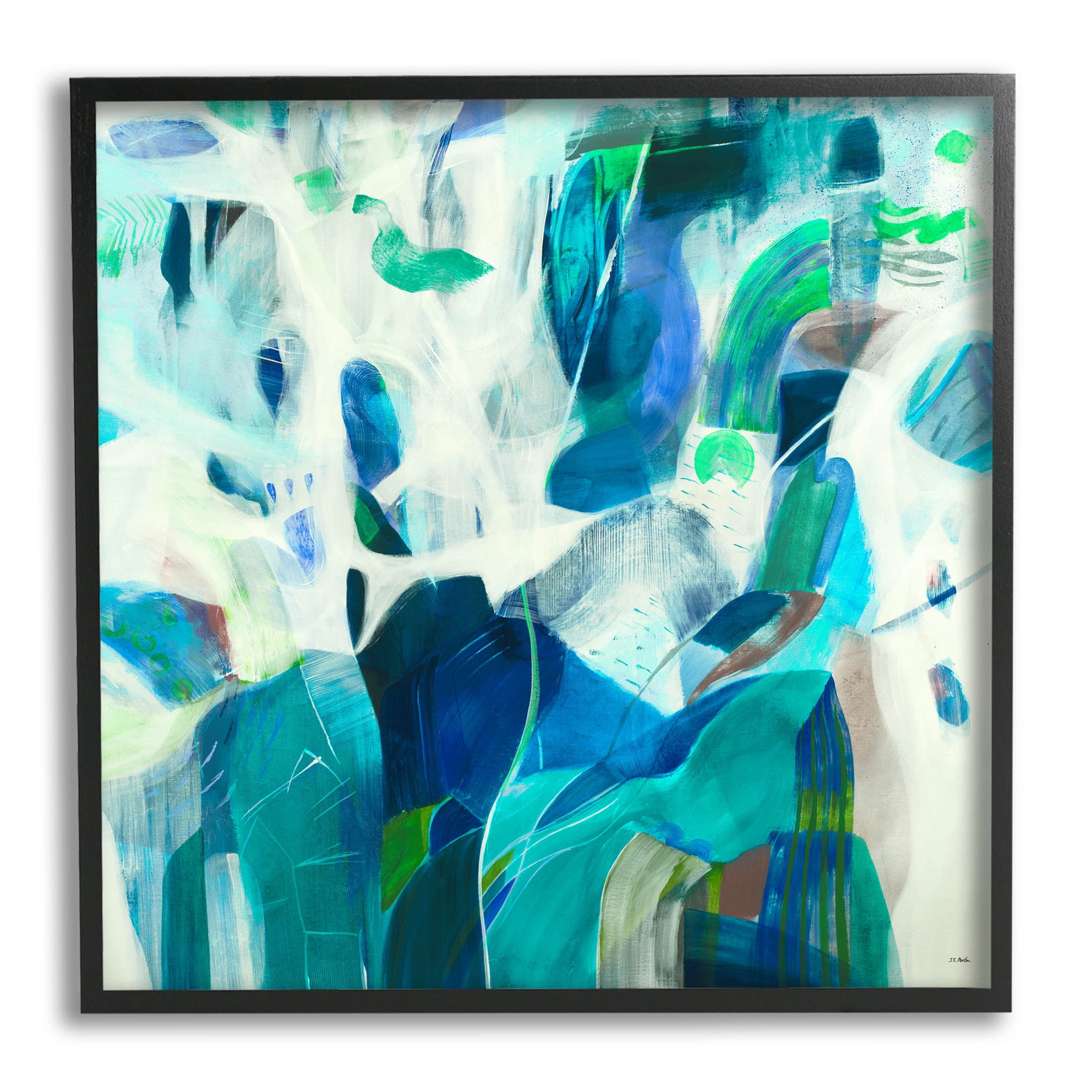 Wavy Blue Abstract Forms Abstract Painting Black Framed Art Print Wall Art