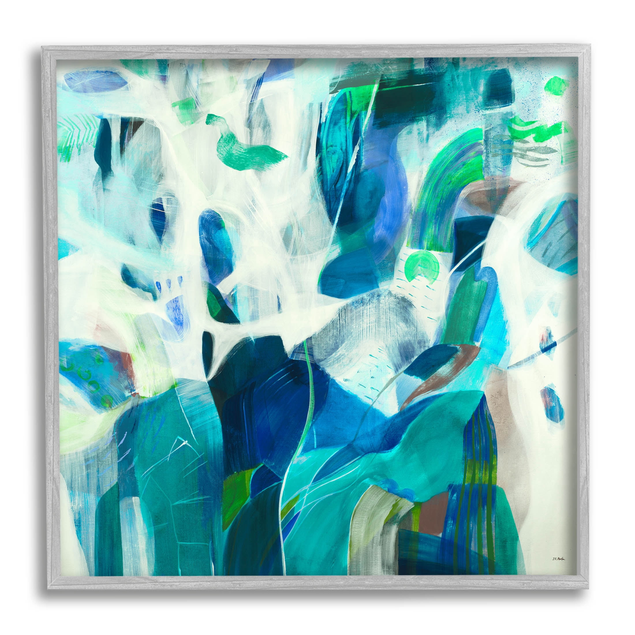 Wavy Blue Abstract Forms Abstract Painting Gray Framed Art Print Wall Art