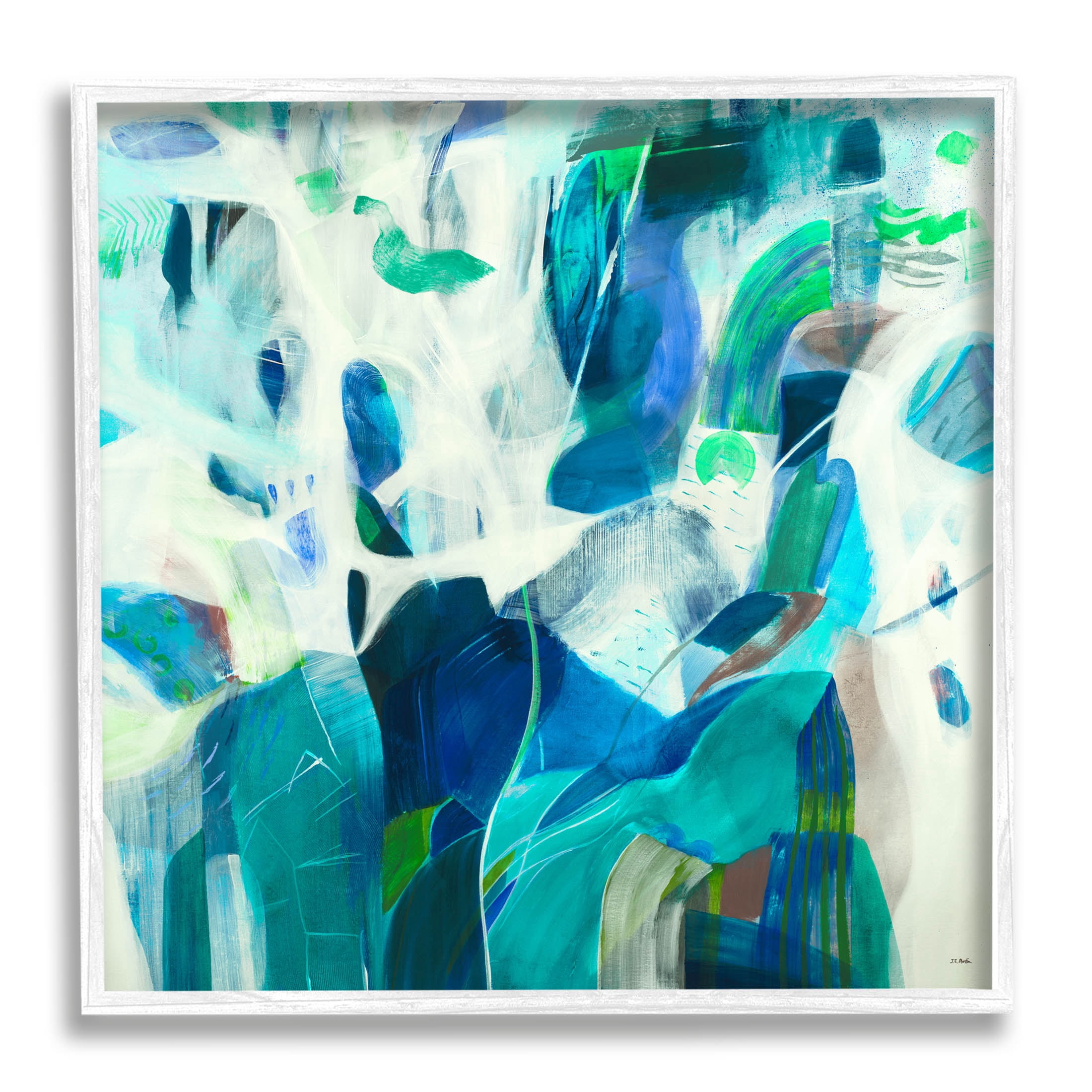 Wavy Blue Abstract Forms Abstract Painting White Framed Art Print Wall Art