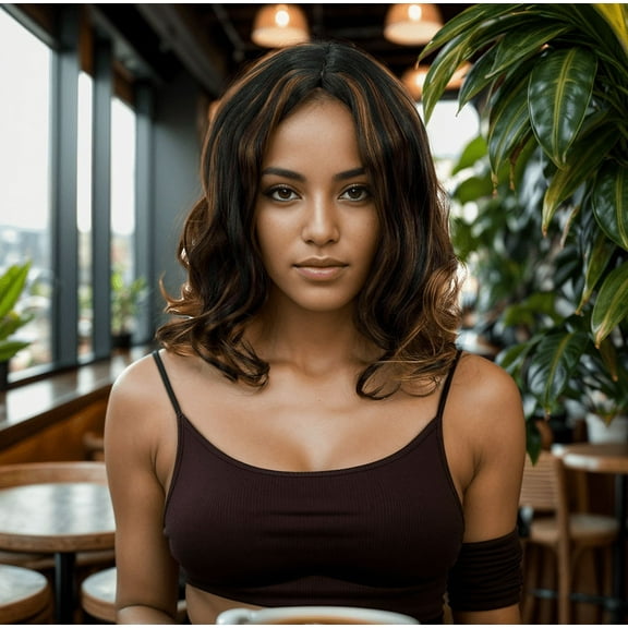 Wavy Brown Golden Highlight Wig Natural Middle Part Wig Heat Resistant Synethetic Fiber Wig