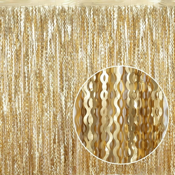 Wavy Champagne Gold Metallic Tinsel Foil Fringe Curtains Backdrop - Foil Fringe Backdrop for Parties | Door Streamers | Photo Booth Backdrops Party Decor