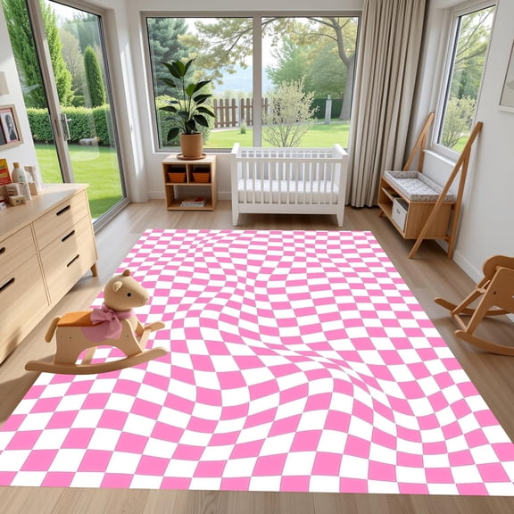 Wavy Checkerboard Pink White Area Rug, Moroccan Modern Design Carpet, Washable Non Slip Soft Pile, Living Room Bedroom Dining Room Mat 2x3ft