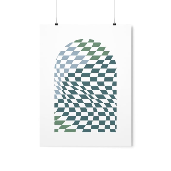 Wavy Checkered Wall Art Abstract Wall Art Arched Simple Print Wavy Checkerboard Pattern Art - Blue & Green