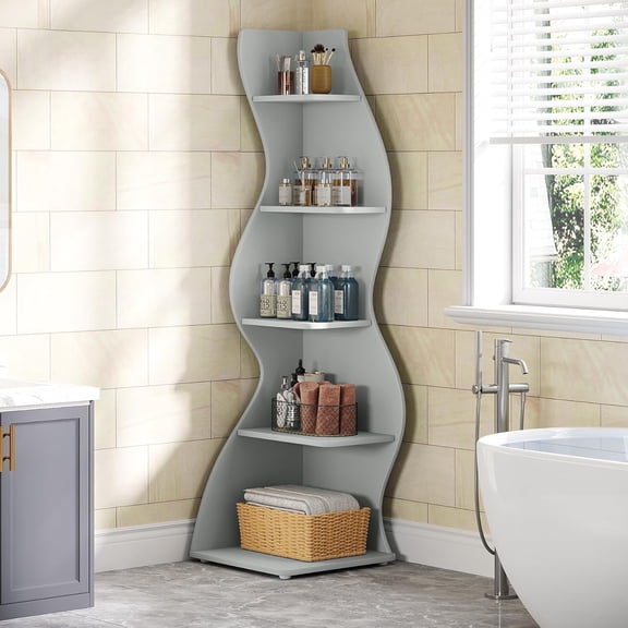 Wavy Corner Shelf, Modern 5-Tier Bookshelf Bookcase with Curvy Shape, Unique Plant Stand Display Rack for Living Room Small Space (Blue)