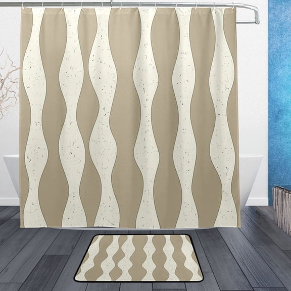 Wavy Cream Pattern Bathroom Accessory Sets Waterproof Shower Curtain with Anti-Slip Bath Mat Durable Combo