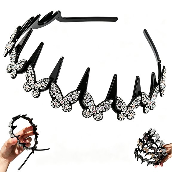 Wavy Crystal Headband Butterfly, Sparkling Glitter Wavy Headband with Teeth Clips for Daily Wear Party Wedding Style