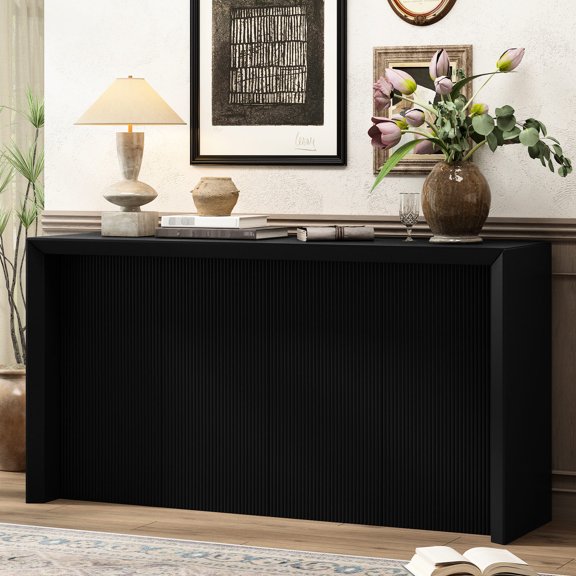 Wavy-Designed Acacia Wood Veneer Hallway Table / Contrasts with Sleek Top