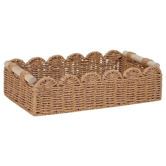 Wavy Edge Counter Caddy, Perfume Organizer For Vanity, Boho Toilet Paper Holder, Living Room Remote Holder, Handcrafted Paper Rope Bin, Aesthetic Room Organization, 13.8 x 6 x 3.9 inch, Khaki