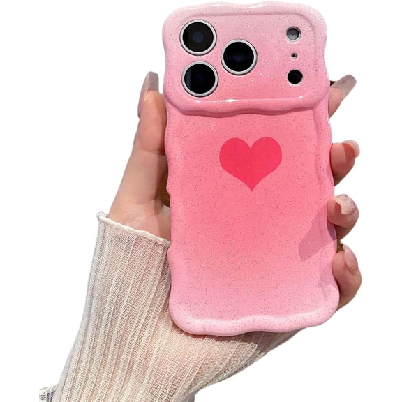 Wavy Edge Love Heart Camera Protection Phone Case for iPhone (Red,iPhone 13 Pro)