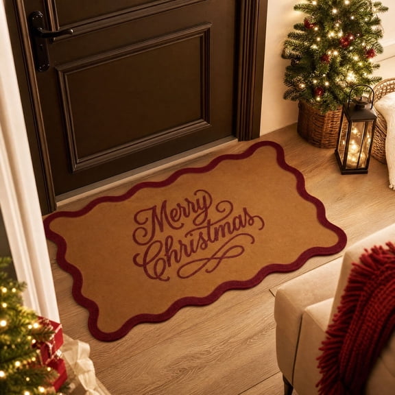 Wavy Edge Merry Christmas Script Door Mat, Crystal Velvet Holiday Welcome Floor Rug, Decorative Entry Mat for Front Door, Entryway, Porch, Indoor Outdoor Xmas Home Decor