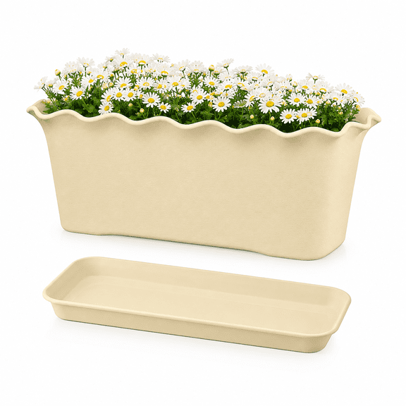 Wavy Edge Plastic Flower Pot, 11.8 x 5.5in Rectangular Vegetable Planting Box, Decorative Garden Flower Trough, Modern Balcony Planter Container White