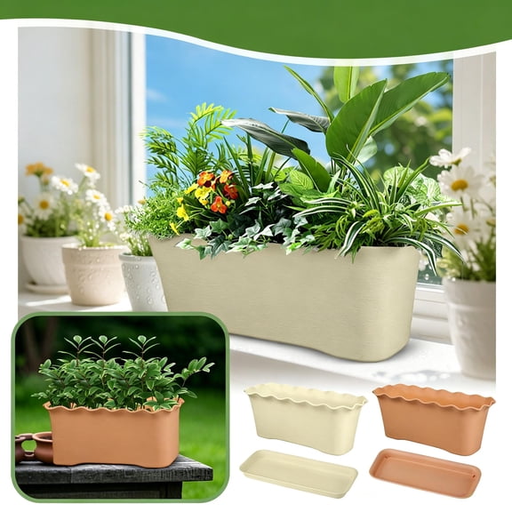 Wavy Edge Plastic Planter Box Flower Pot Window Box for Live Plants Vegetables Herbs Flowers,Small Balcony Garden Patio Decor White