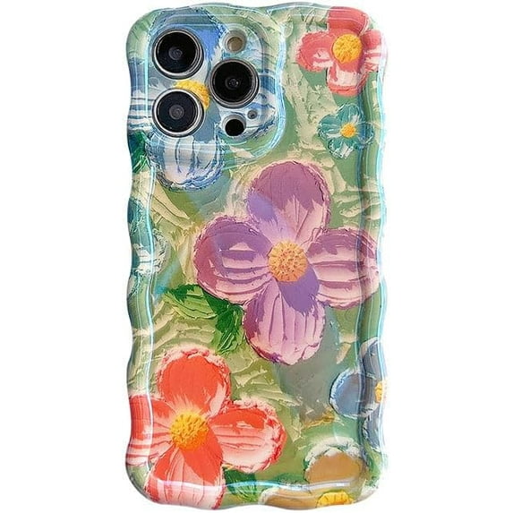 Wavy Frame Retro Flower Floral Oil Painting Compatible with iPhone Case (Green,iPhone 15 Pro Max)
