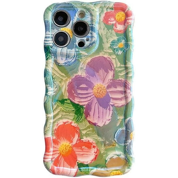 Wavy Frame Retro Flower Floral Oil Painting Compatible with iPhone Case (Green,iPhone 15 Pro)