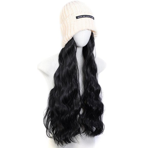 Wavy Hair Beanie Wig for Women - Synthetic Knitted Hat with Natural Wave Hairpiece for Daily Use & Winter Warmth