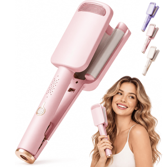 Wavy Hair Curler, 32mm Deep Wave Crimper with 4 Heat Settings and Auto Shut-Off, V-Shaped Design(Pink)