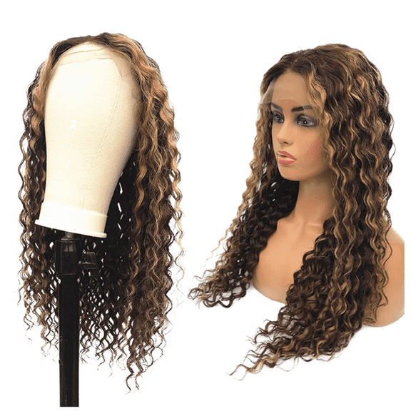 Wavy Human Hair Wig 13X4X1 Lace Part Water Wave Wigs Real Virgin Hair Highlighted Blonde Brown Colored Curly Hair Glueless 150% Density for Black Women 16 inches